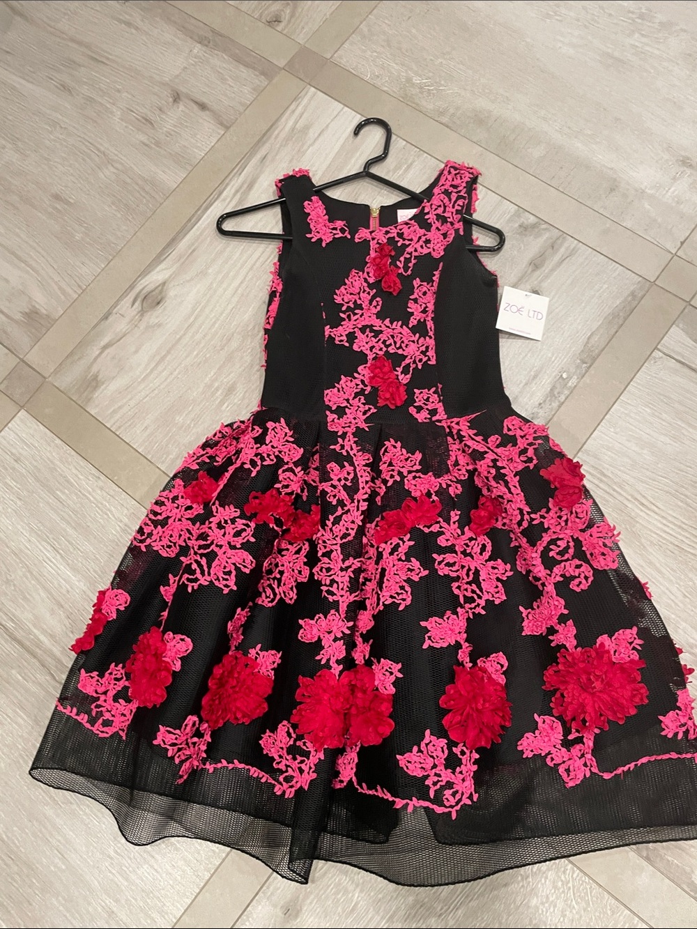 Zoe Ltd Black Dress with Pink Lace and Red Floral Appliqués